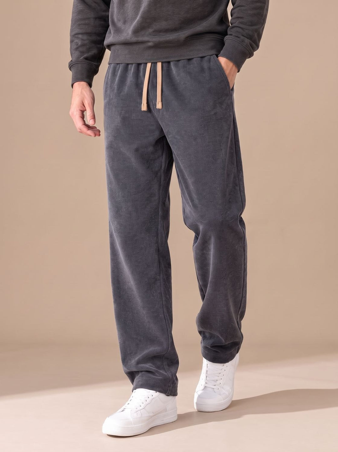 Men's straight-leg corduroy trousers styled for a relaxed everyday outfit