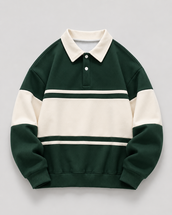 Full view of men's colour block rugby polo sweater