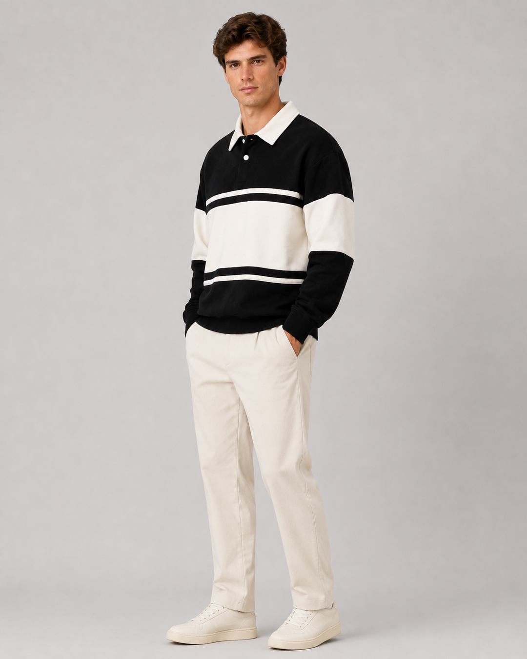 Front view of men's long-sleeve rugby polo sweater