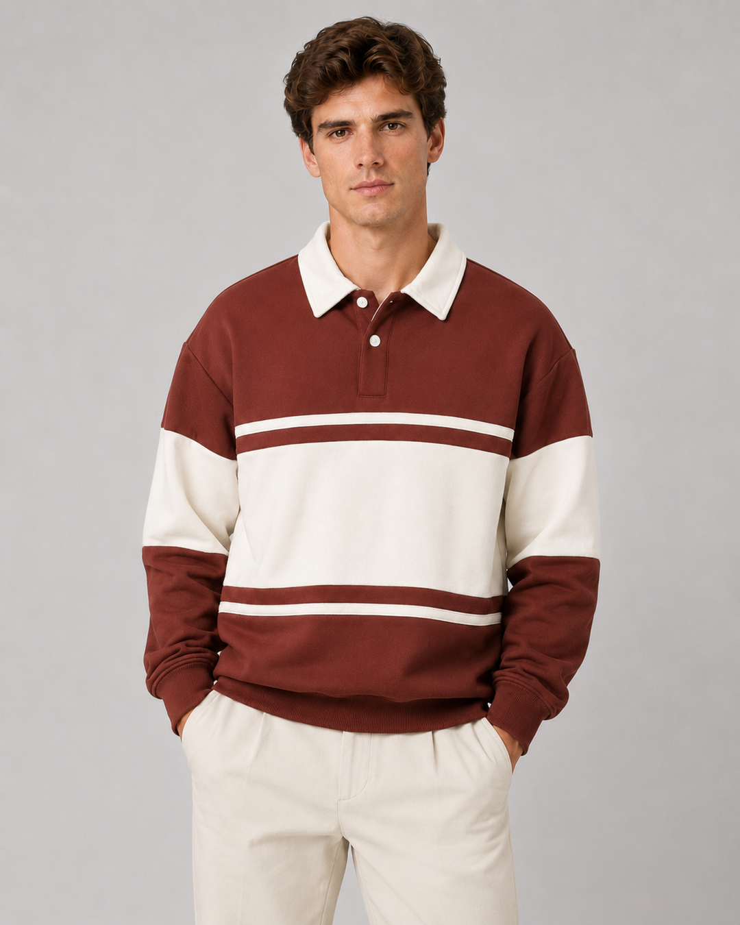 Men's sweater showing the colour block design