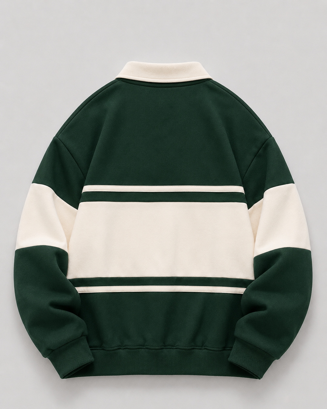 Side view of the relaxed-fit rugby polo sweater