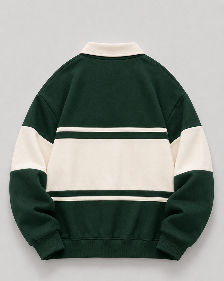 Side view of the relaxed-fit rugby polo sweater