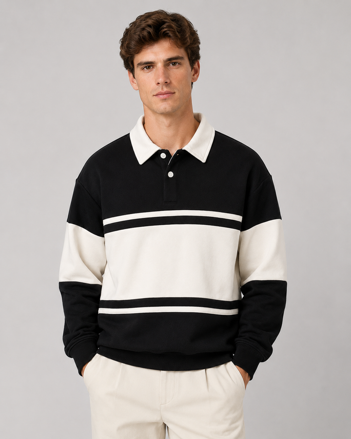 Men's colour block rugby polo sweater with a relaxed fit