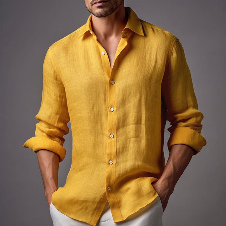 Close-up of lapel collar on men's slim-fit long-sleeve shirt