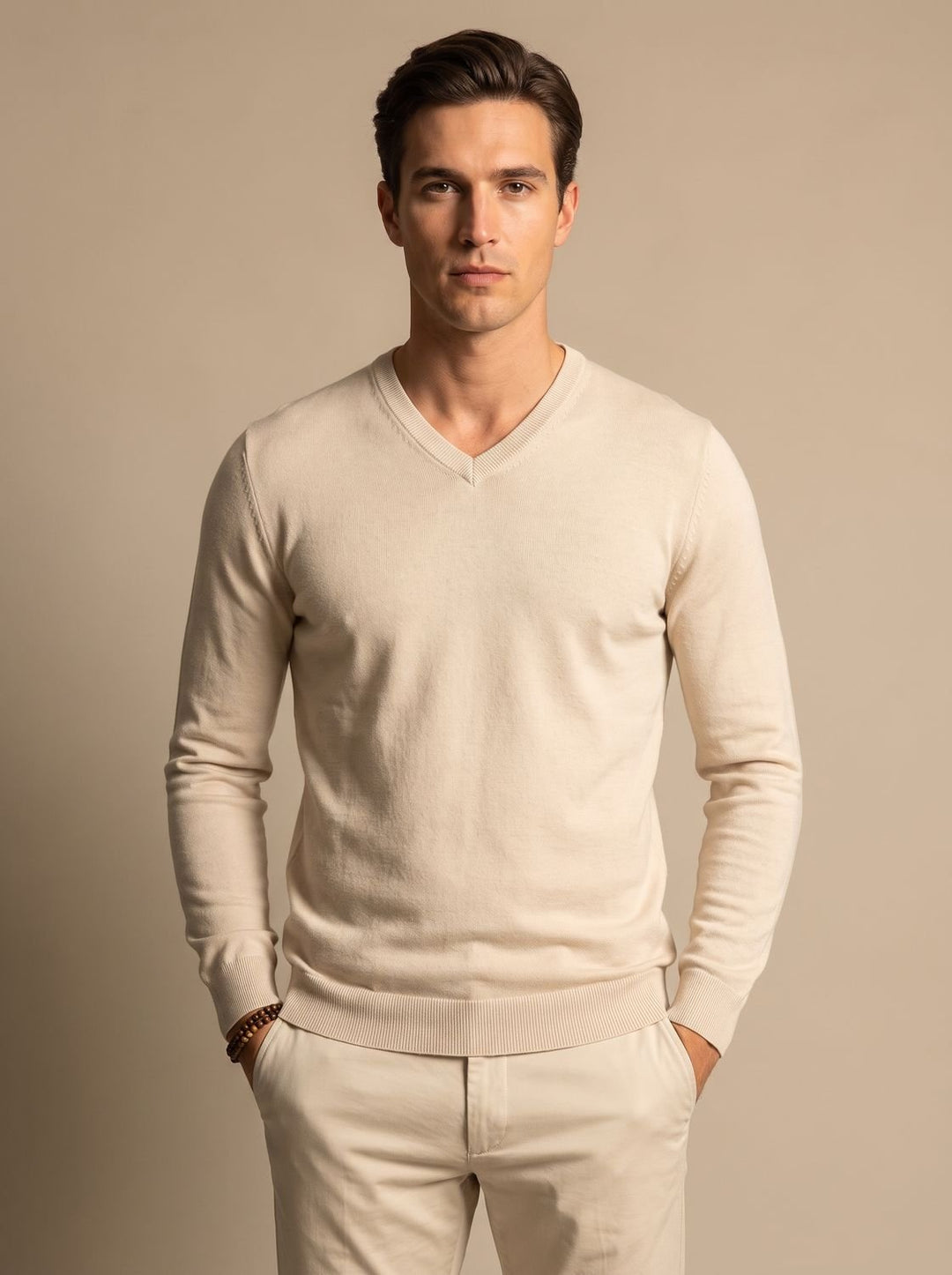 Men's stretch-knit jumper showing its smooth fine-knit texture