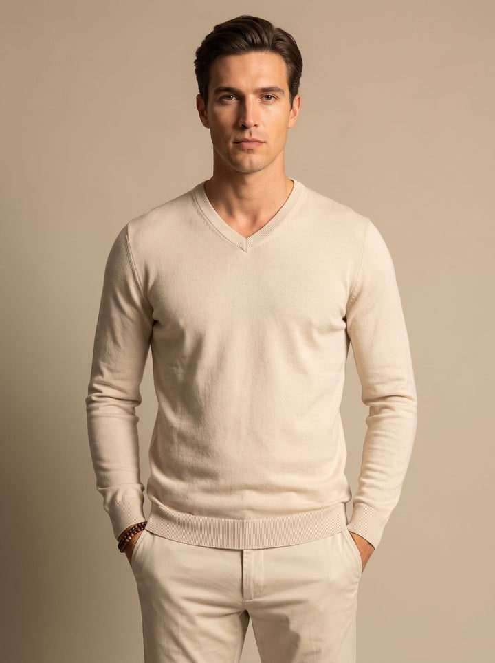 Men's stretch-knit jumper showing its smooth fine-knit texture