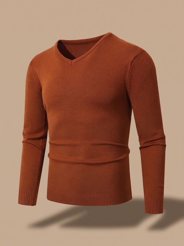 Back view of a men's fine-knit V-neck jumper