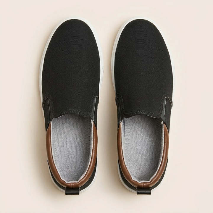 Pair of men's textile slip-on sneakers showing the easy-wear design