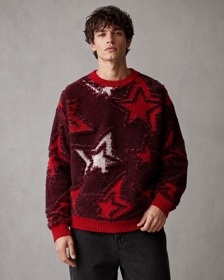 Men's star knit jumper styled as an everyday layered outfit