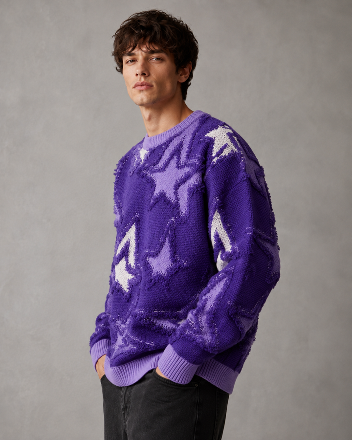 Detail of the ribbed neckline on the men's knit jumper