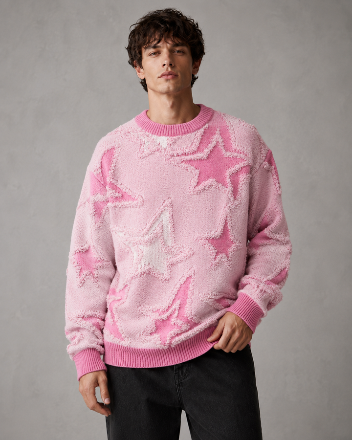 Close-up of the textured star knit motif on the jumper