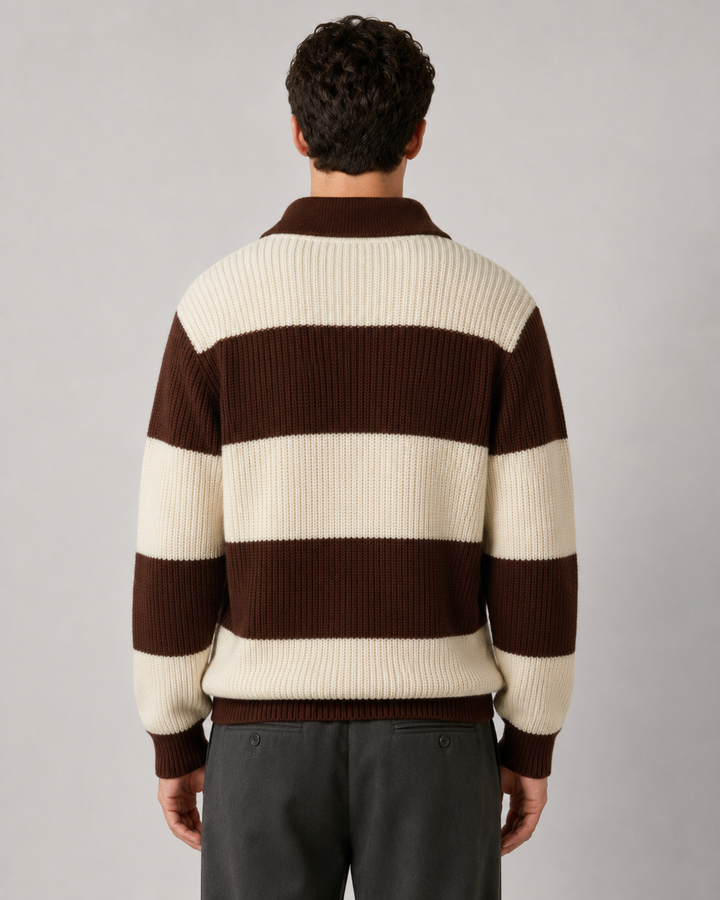 Close-up of the striped ribbed knit texture on a men's polo sweater