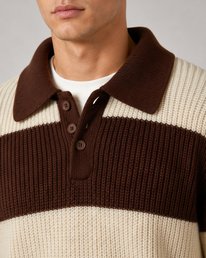 Men's polo sweater showing the striped pattern and button collar