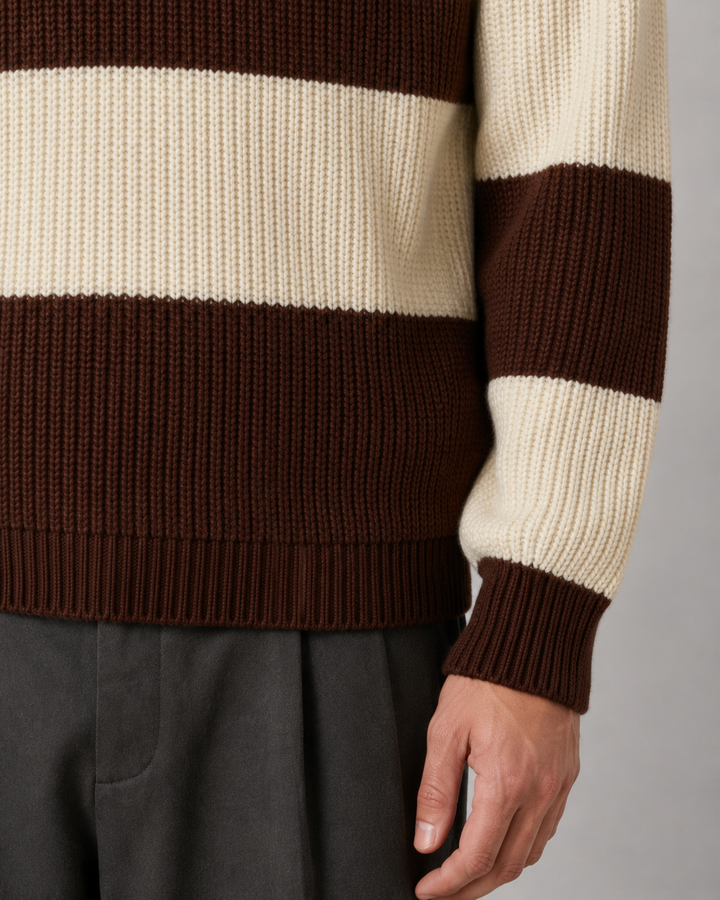 Side view of a men's striped knitted polo sweater