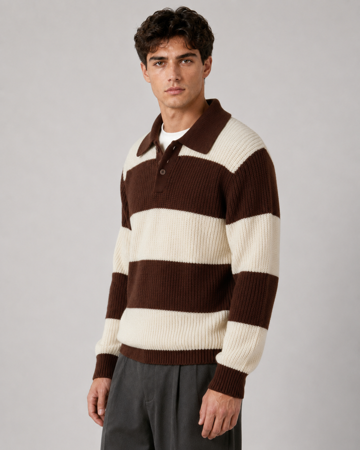 Men's striped ribbed polo sweater styled for smart casual wear