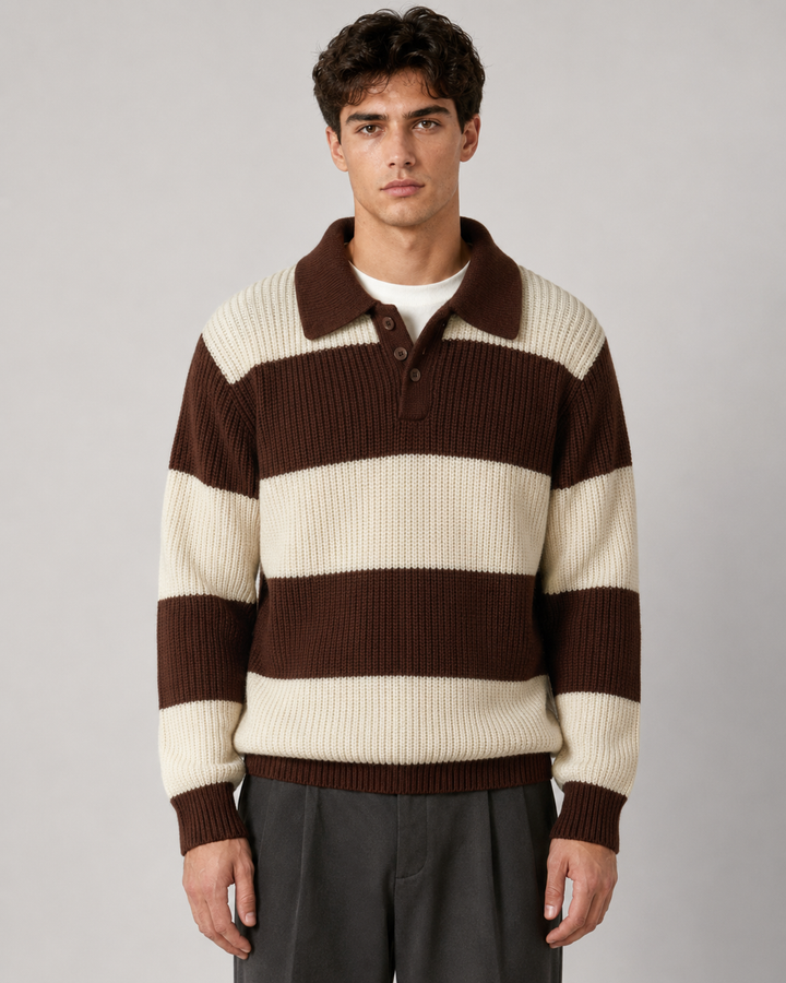 Men's striped ribbed knit polo sweater with button collar