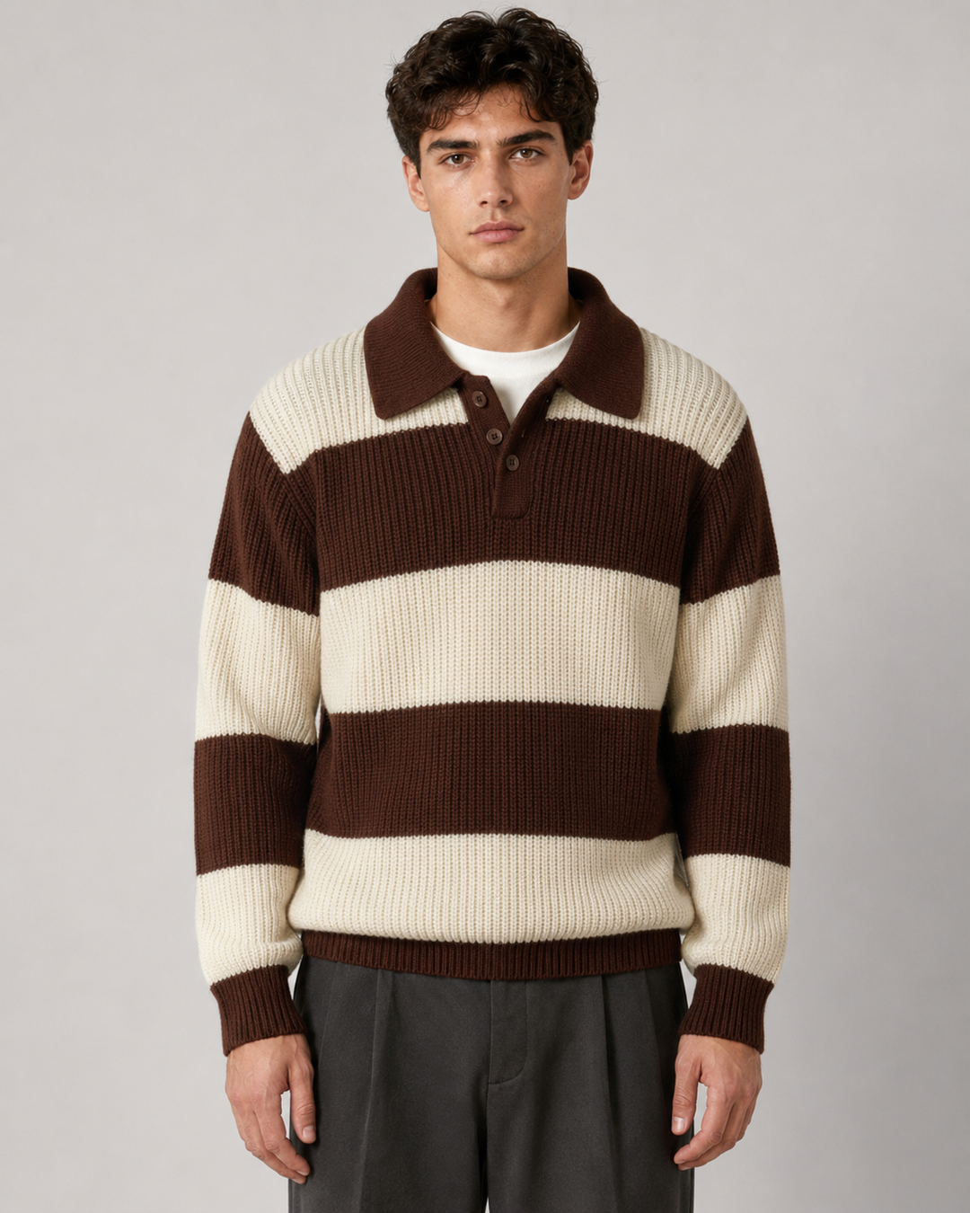 Men's Striped Ribbed Knit Polo Sweater