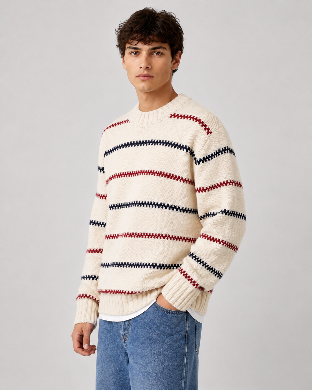 Front view of a men's striped crew neck jumper