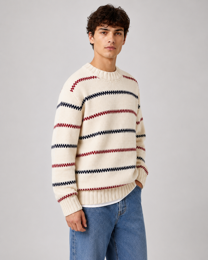 Men's striped jumper showing its relaxed fit