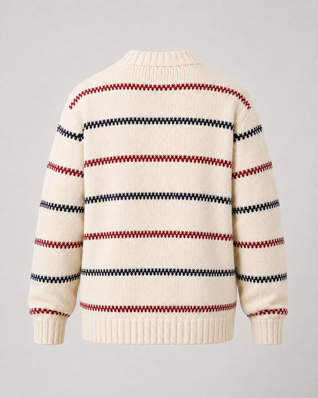 Back view of a men's striped crew neck jumper