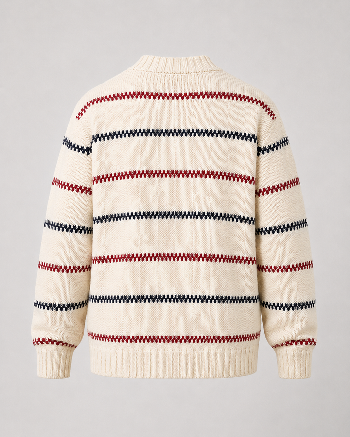 Back view of a men's striped crew neck jumper