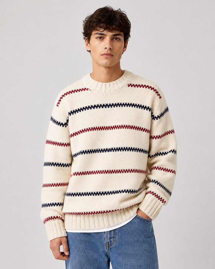 Men's striped jumper styled for a casual outfit