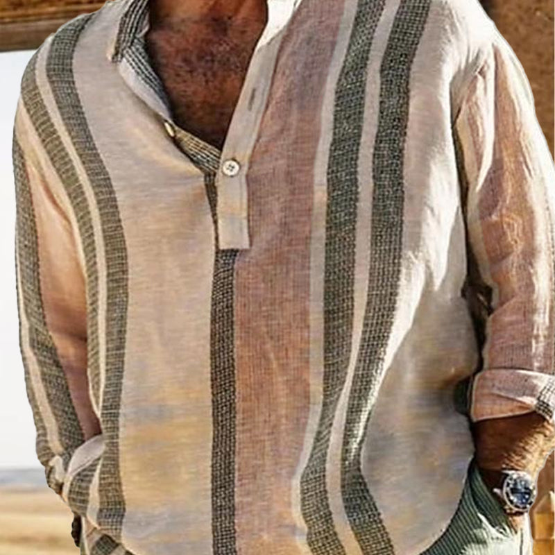 Men's striped V neck long sleeve shirt shown from the back