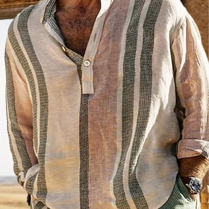 Men's striped V neck long sleeve shirt shown from the back