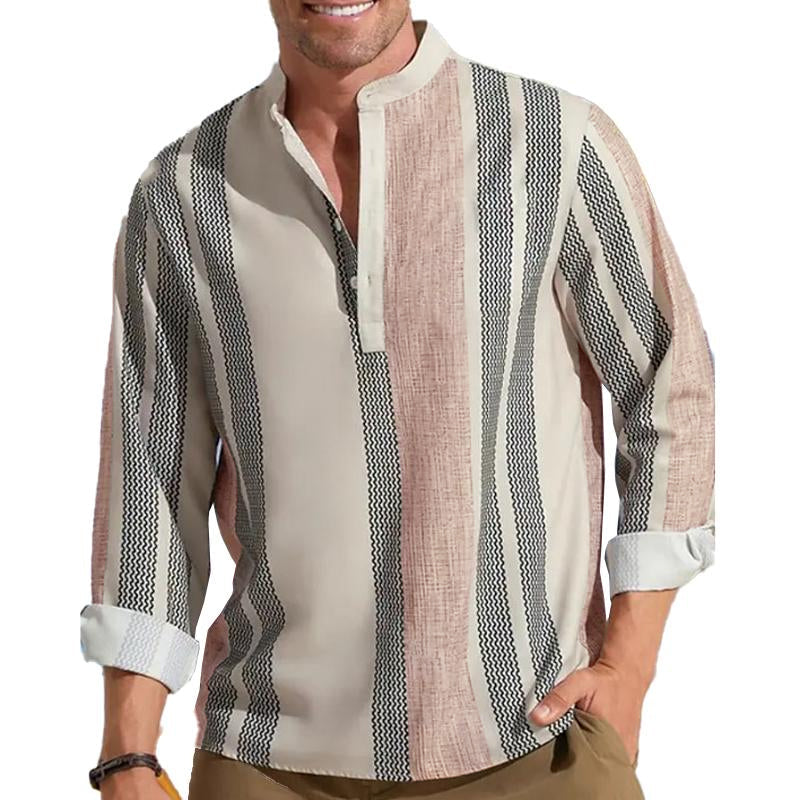Men's striped V neck long sleeve shirt with angled front view