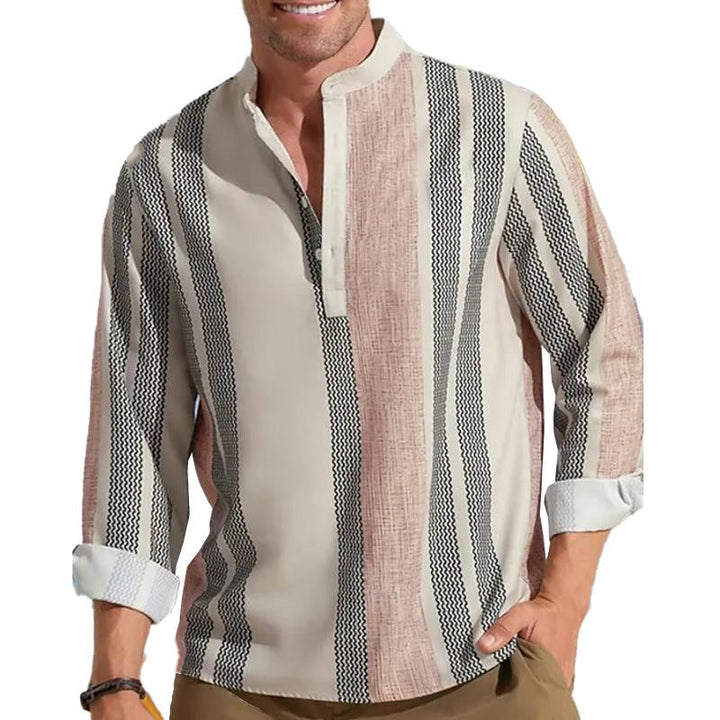 Men's striped V neck long sleeve shirt with angled front view