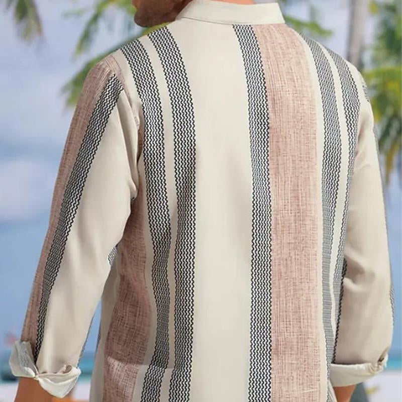 Close-up of the striped pattern and V neck on the men's shirt