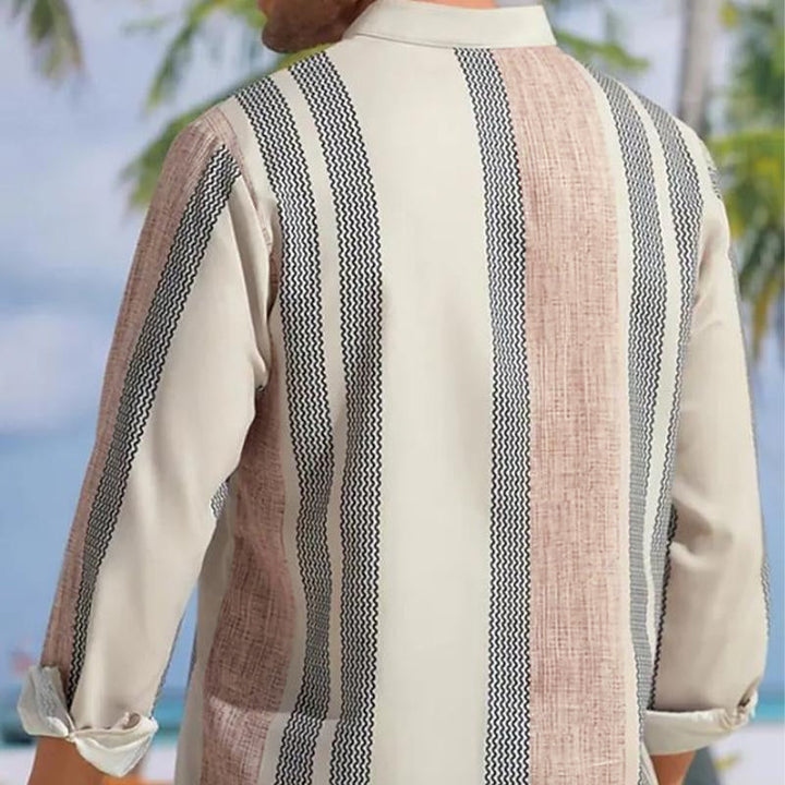Close-up of the striped pattern and V neck on the men's shirt