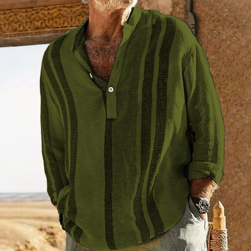 Side view of the men's striped V neck long sleeve shirt