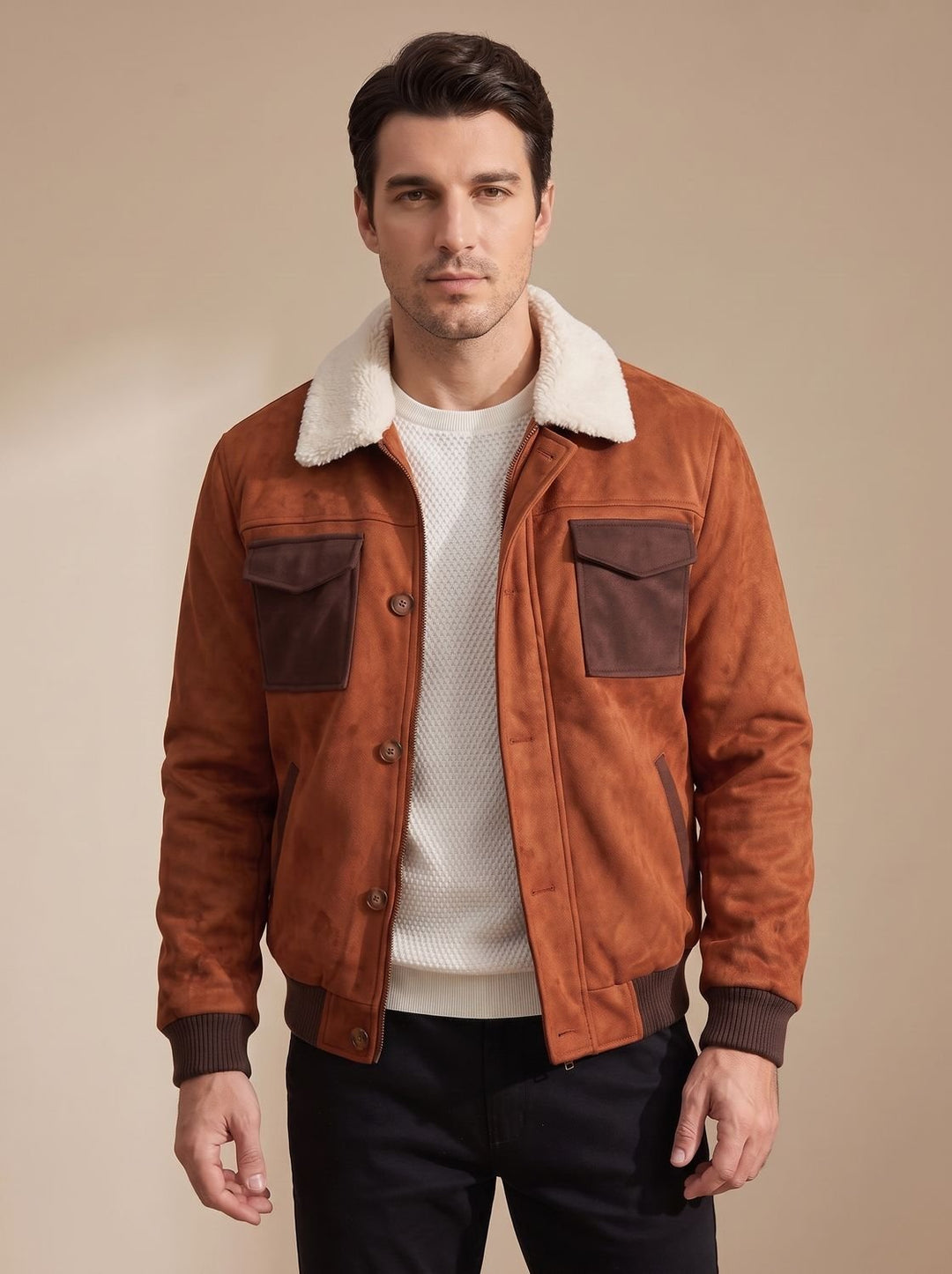 Close-up of the suede texture and button-front fastening