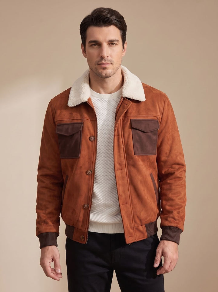 Close-up of the suede texture and button-front fastening