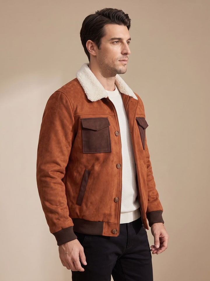 Men's bomber jacket showing its soft sherpa-lined collar