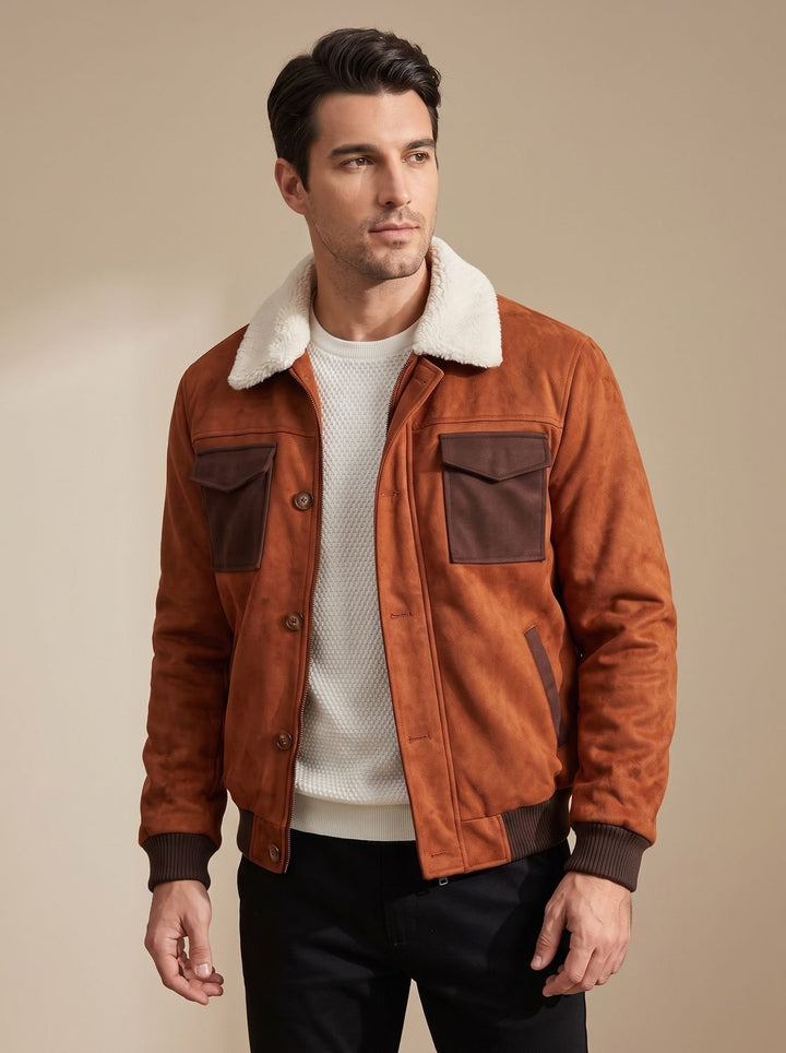 Men's suede bomber jacket with a classic button front