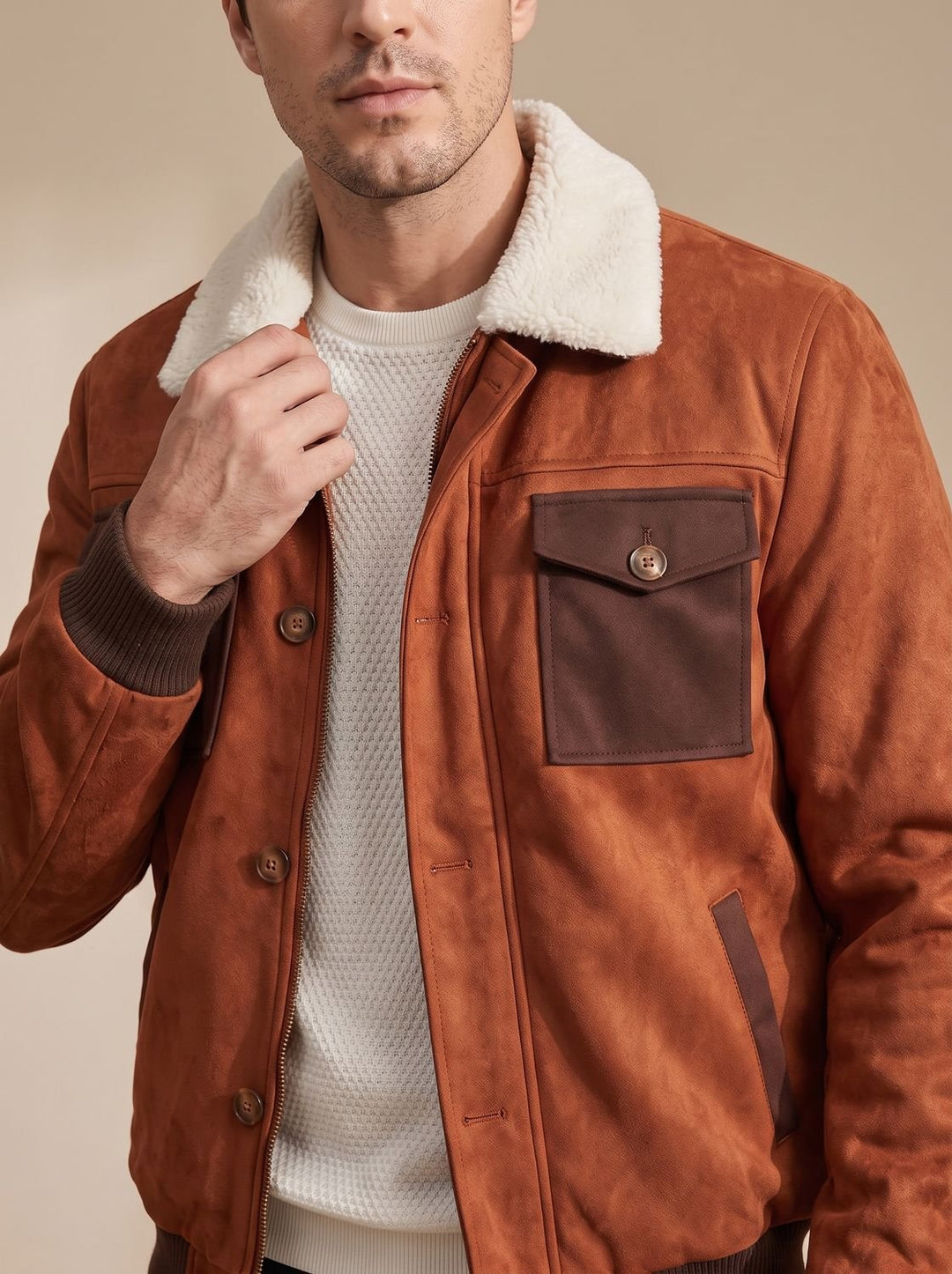 Sherpa-lined interior of a men's suede bomber jacket