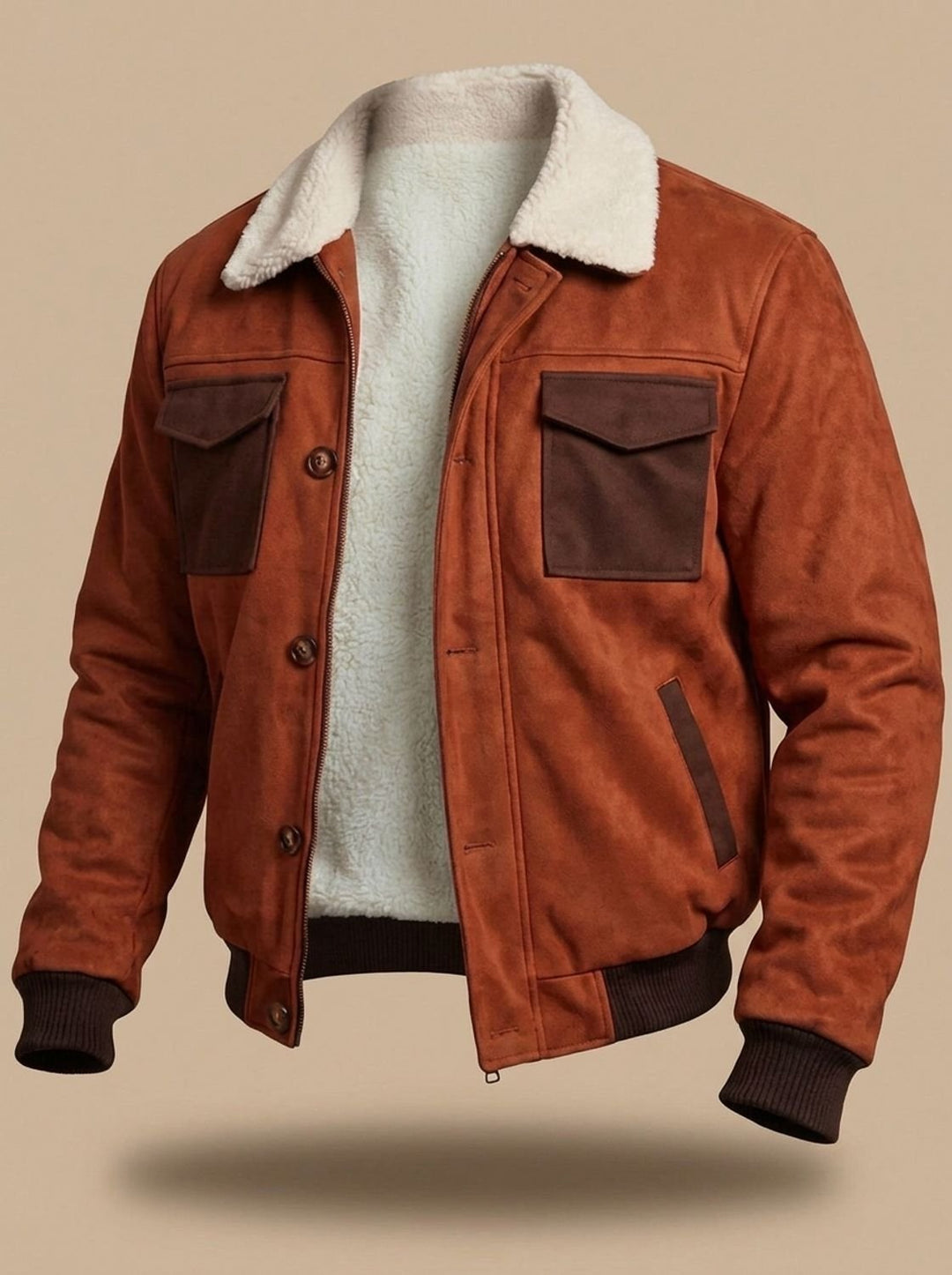 Full view of the men's suede sherpa-lined bomber jacket