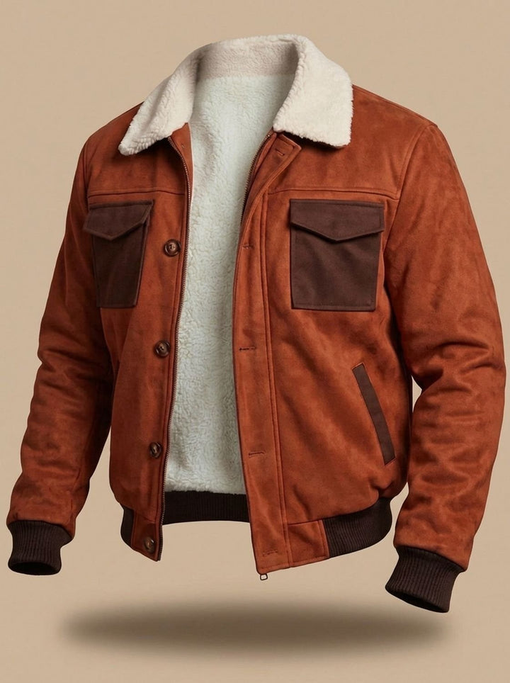 Full view of the men's suede sherpa-lined bomber jacket