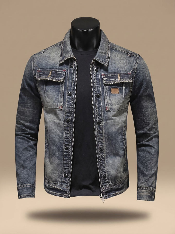 Men's vintage-washed denim trucker jacket shown from the front