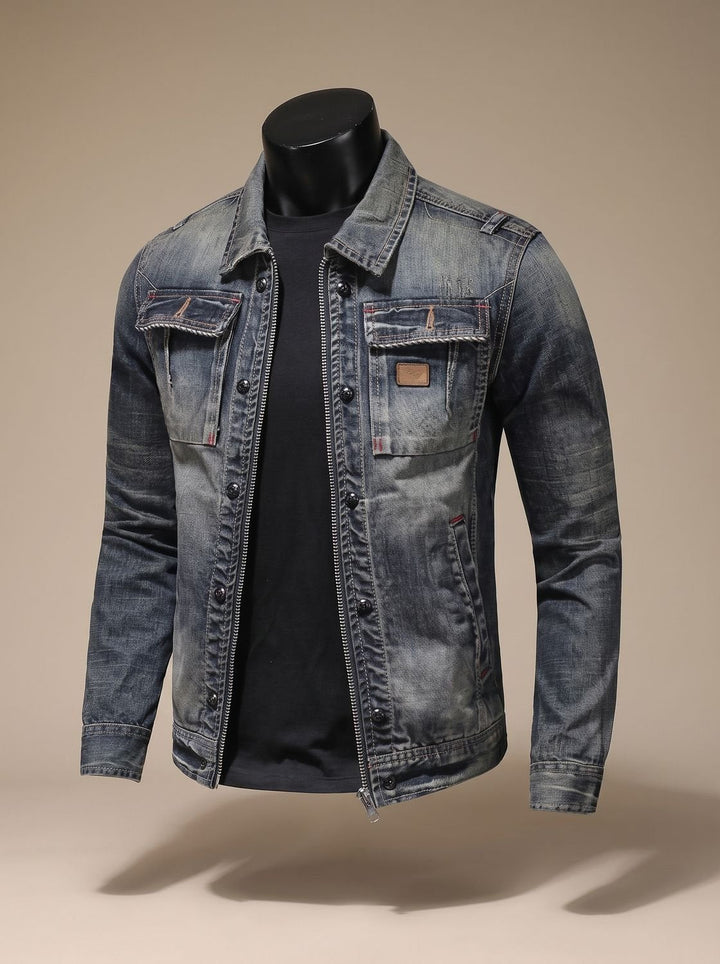 Close-up of the dual-closure front on a vintage-washed denim jacket