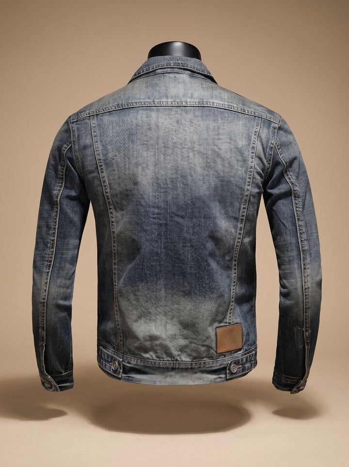 Back view of a men's vintage-washed denim trucker jacket