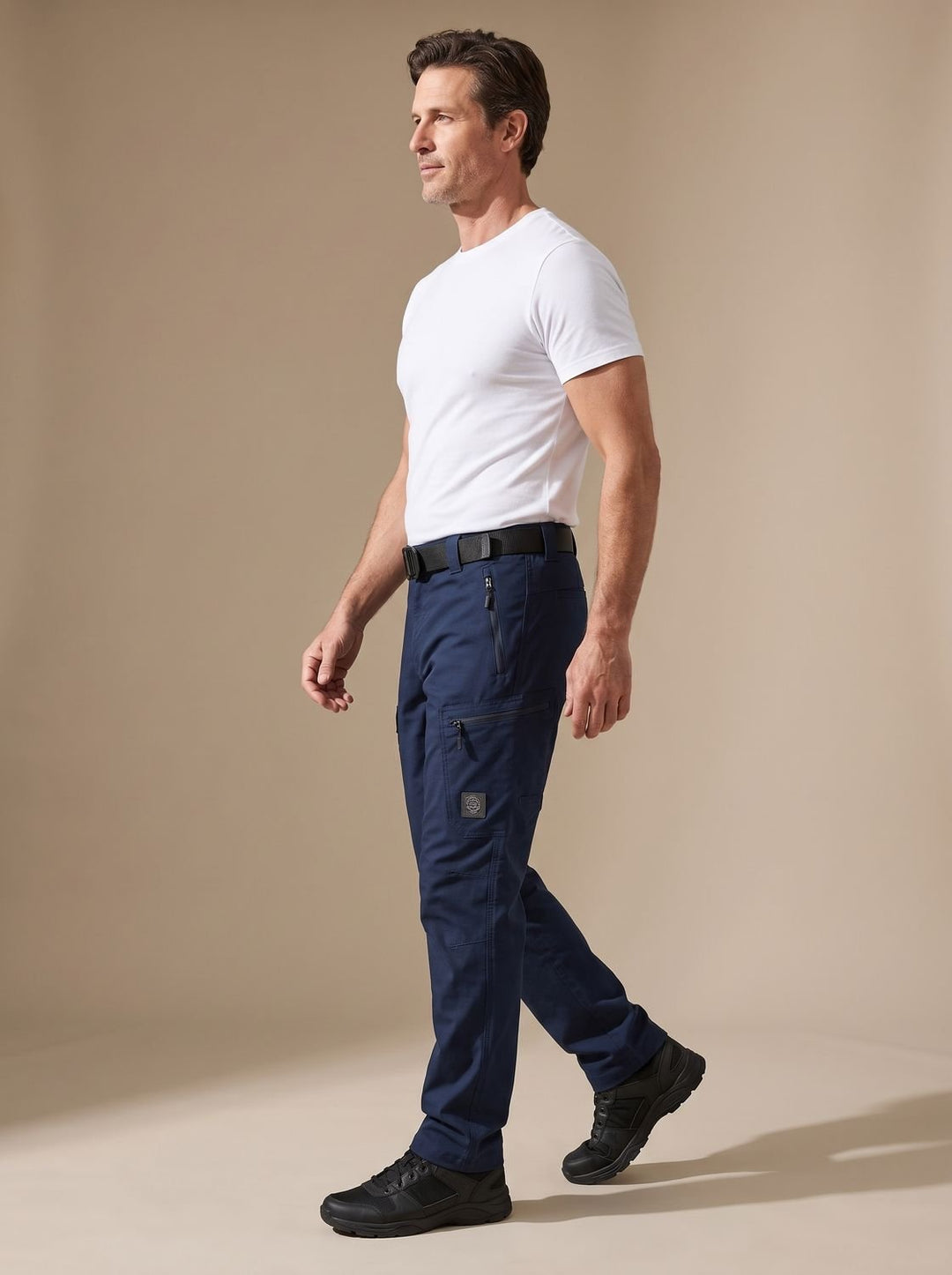 Side view of men's water-resistant cargo trousers