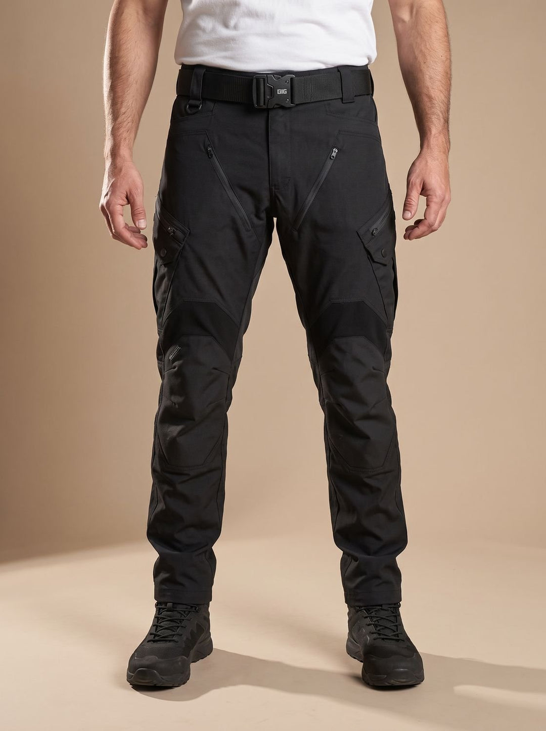 Men's water-resistant tactical cargo trousers shown from the front