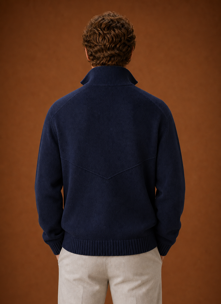 Front view showing the full-length zip on a men's knit cardigan