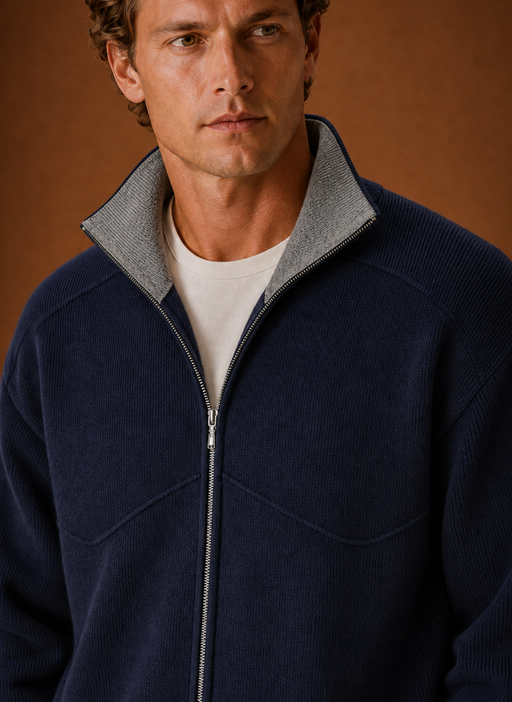 Close-up of the knitted texture on a men's cardigan jacket