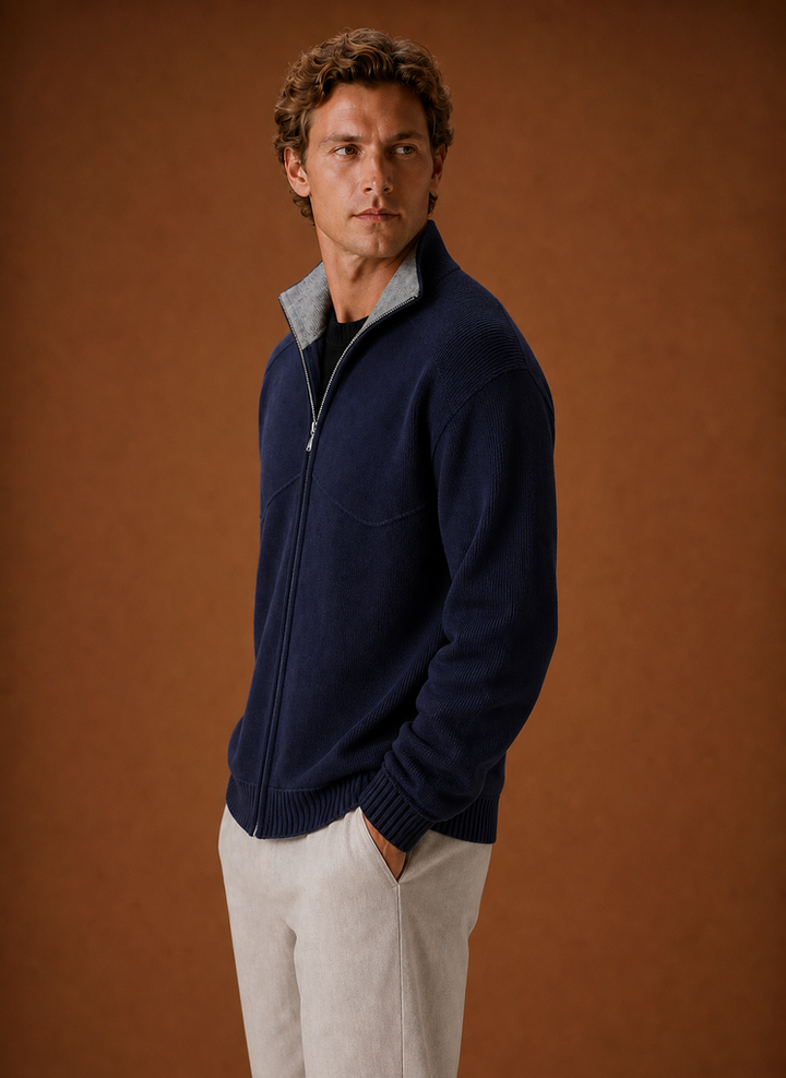 Men's knit cardigan jacket with full zip shown from the back