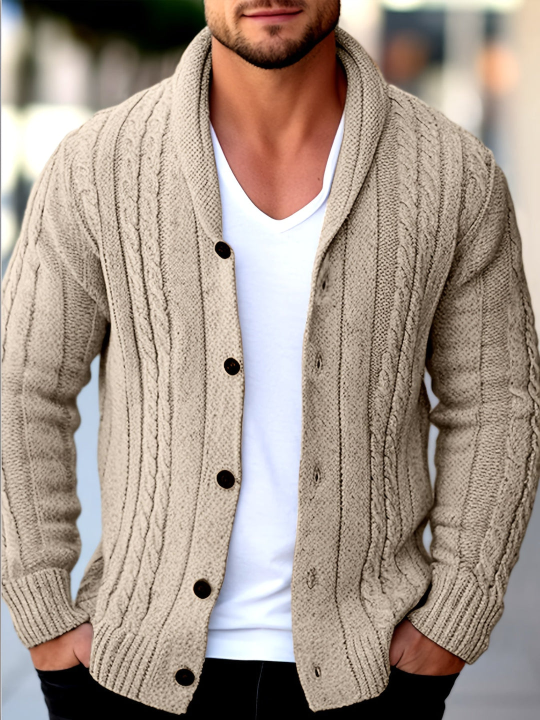 Front view of a men's open-front knit cardigan