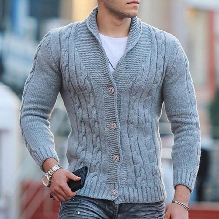 Men's cardigan showing its relaxed fit and knitted texture